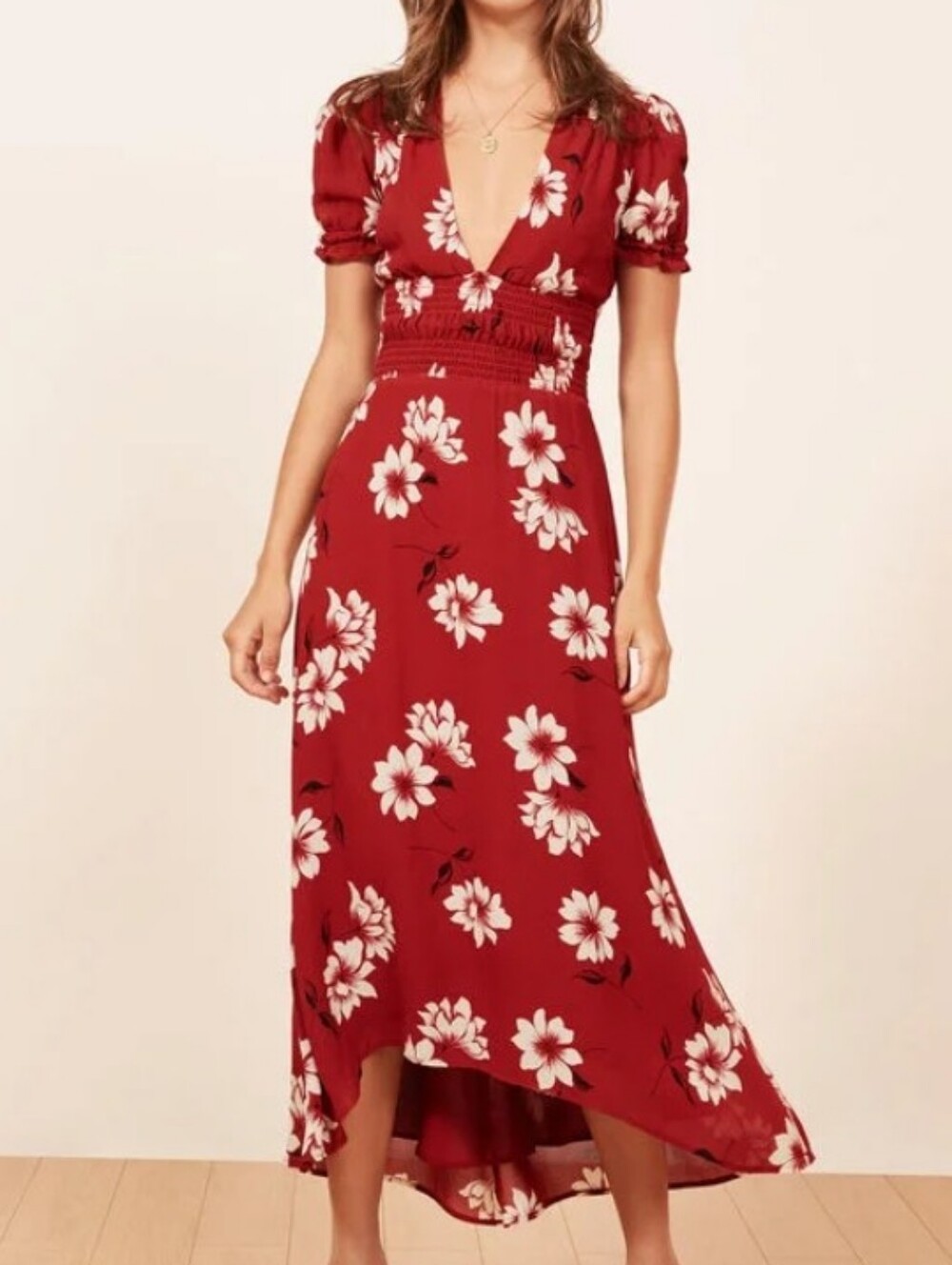 Reformation Cherry Red Floral High-Low V-Neck Maxi Dress Size L